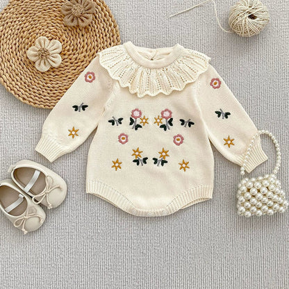 Autumn Arrival Baby Girls Knitted Long Sleeves Flowers Embroidered Pattern bodysuit