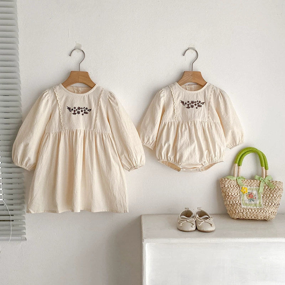 MyKids-USA® Baby Girls Northern Europe Style Flowers Embroidered Pattern Long-sleeved bodysuit or Dress – Princess Sister Matching