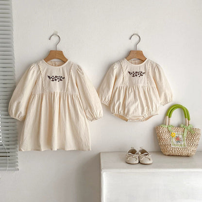 MyKids-USA® Baby Girls Northern Europe Style Flowers Embroidered Pattern Long-sleeved bodysuit or Dress – Princess Sister Matching