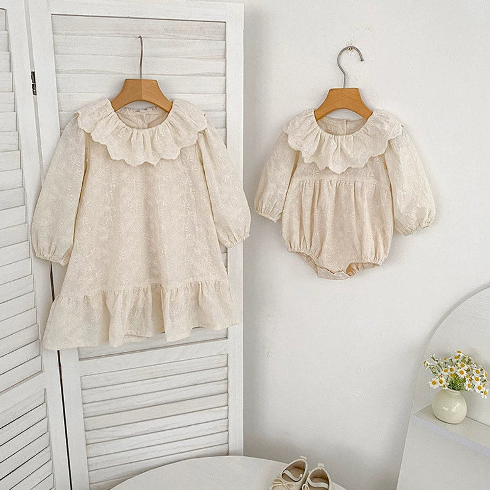 MyKids-USA® Baby Girls French Style Solid Color Flowers Embroidered Pattern Long-sleeved bodysuit or Dress – Princess Sister Matching