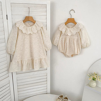 MyKids-USA® Baby Girls French Style Solid Color Flowers Embroidered Pattern Long-sleeved bodysuit or Dress – Princess Sister Matching