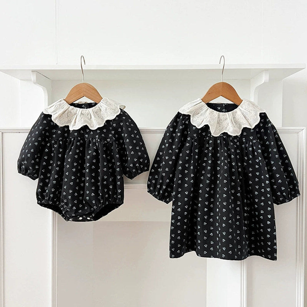 MyKids-USA® Baby Girls French Style Vintage Flowers Pattern Long-sleeved bodysuit or Dress – Princess Sister Matching