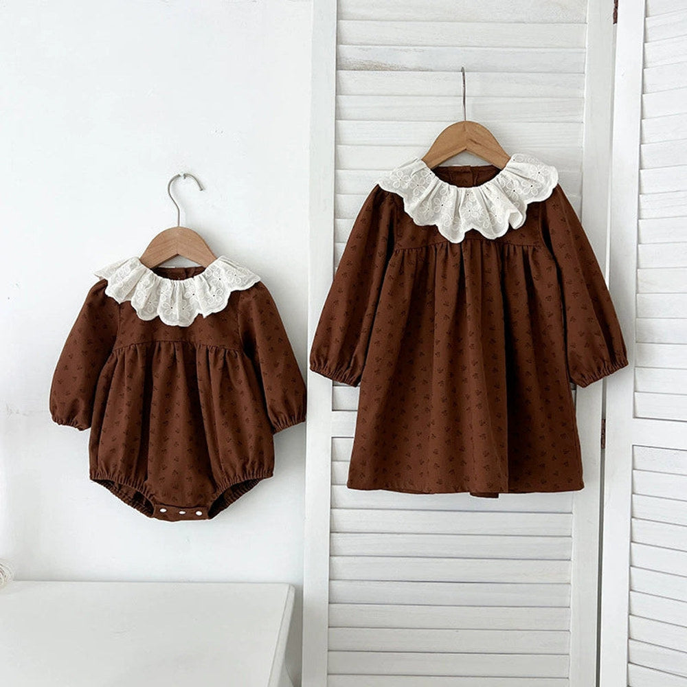 MyKids-USA® Baby Girls French Style Vintage Flowers Pattern Long-sleeved bodysuit or Dress – Princess Sister Matching