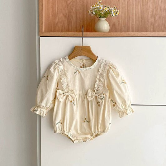 MyKids-USA® Baby Girls French Style Butterfly-bow Decorated Flowers Pattern Embroidered Long-sleeved bodysuit and Dress – Princess Sister Matching Set