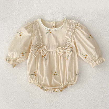 MyKids-USA® Baby Girls French Style Butterfly-bow Decorated Flowers Pattern Embroidered Long-sleeved bodysuit and Dress – Princess Sister Matching Set