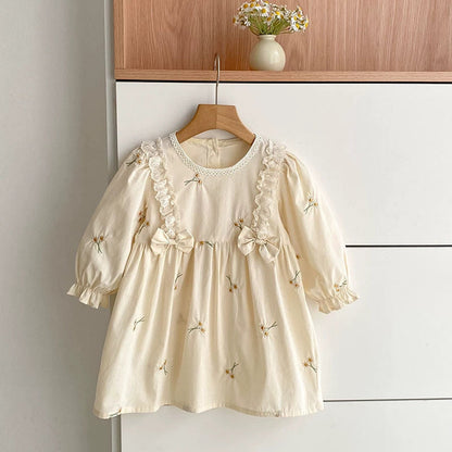 MyKids-USA® Baby Girls French Style Butterfly-bow Decorated Flowers Pattern Embroidered Long-sleeved bodysuit and Dress – Princess Sister Matching Set