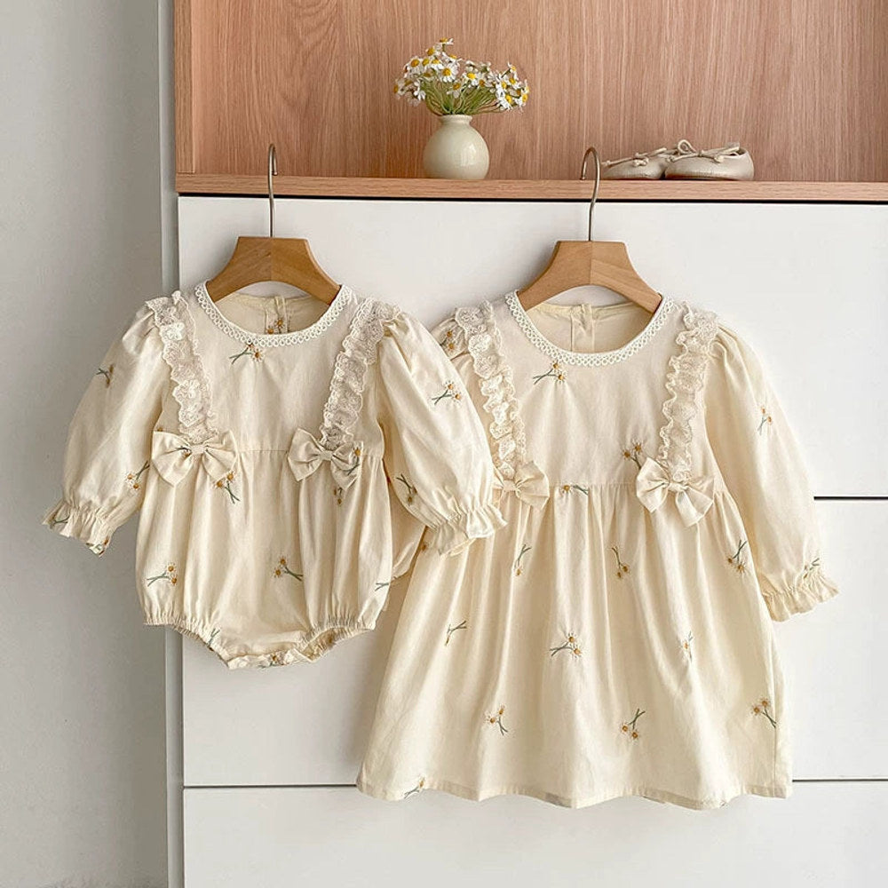 MyKids-USA® Baby Girls French Style Butterfly-bow Decorated Flowers Pattern Embroidered Long-sleeved bodysuit and Dress – Princess Sister Matching Set
