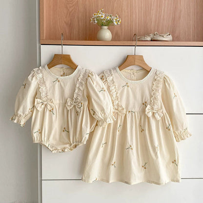 MyKids-USA® Baby Girls French Style Butterfly-bow Decorated Flowers Pattern Embroidered Long-sleeved bodysuit and Dress – Princess Sister Matching Set