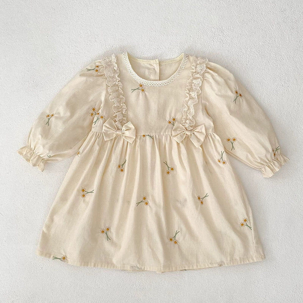MyKids-USA® Baby Girls French Style Butterfly-bow Decorated Flowers Pattern Embroidered Long-sleeved bodysuit and Dress – Princess Sister Matching Set