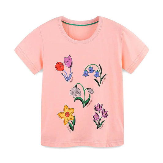 MyKids-USA® Girls’ Flowers Cartoon Pattern Short Sleeves T-shirt in European and American Style