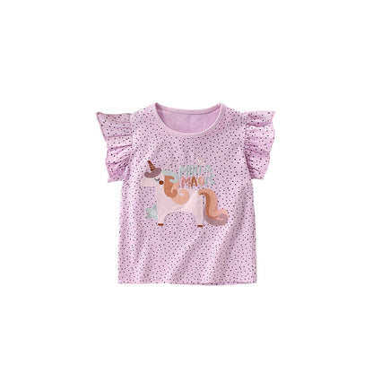 MyKids-USA® Girls’ Dots and Cartoon Pattern Fly Sleeves T-shirt in European and American Style