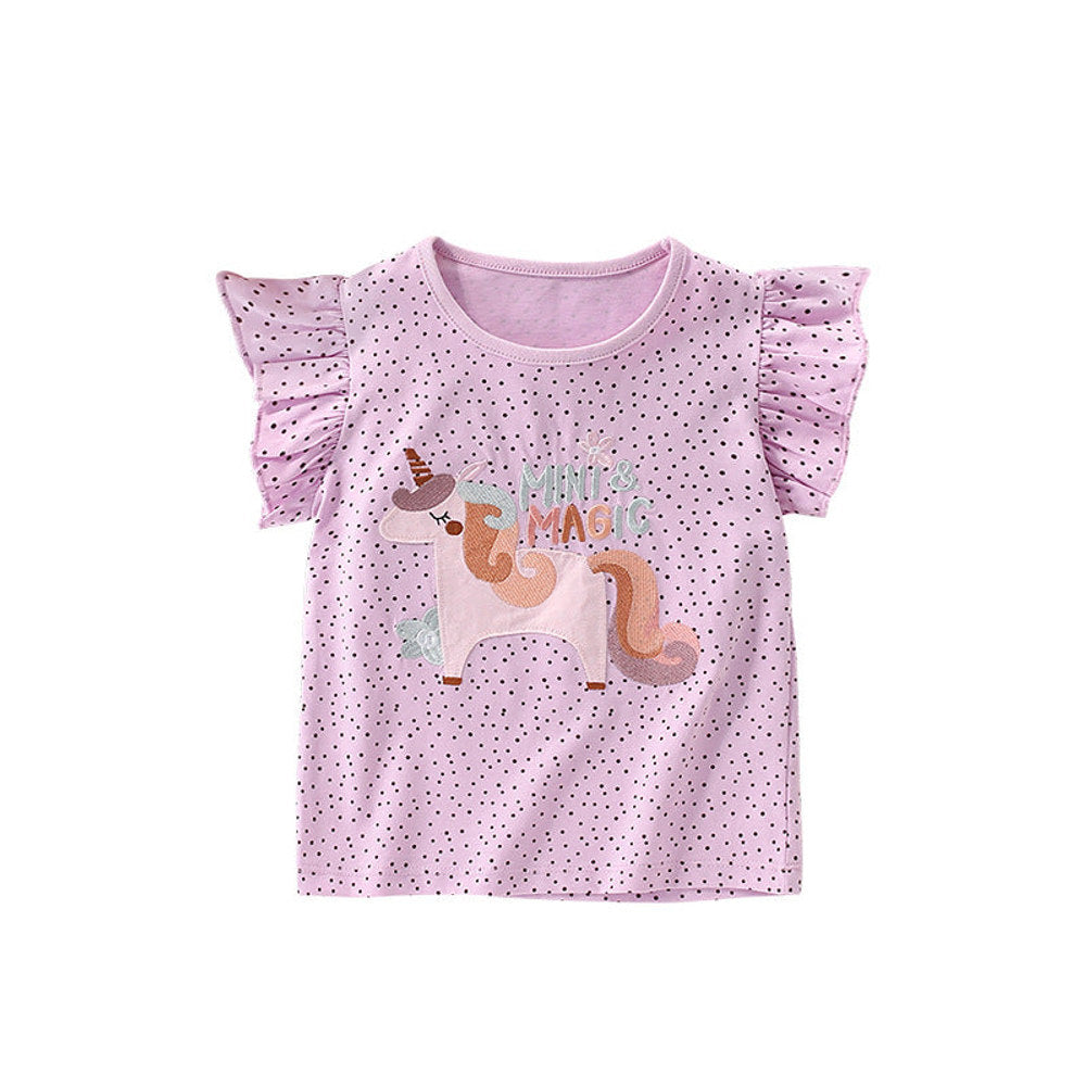 MyKids-USA® Girls’ Dots and Cartoon Pattern Fly Sleeves T-shirt in European and American Style