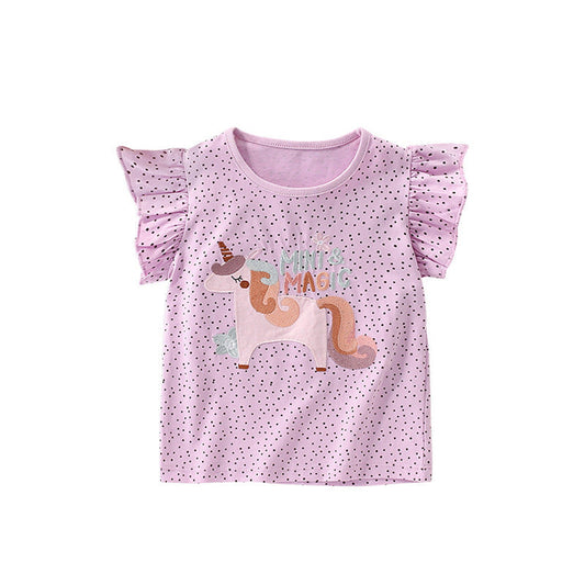 MyKids-USA® Girls’ Dots and Cartoon Pattern Fly Sleeves T-shirt in European and American Style