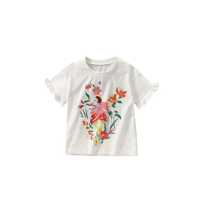 MyKids-USA® Girls’ Flowers and Cartoon Pattern Short Sleeves T-shirt in European and American Style