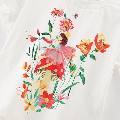 MyKids-USA® Girls’ Flowers and Cartoon Pattern Short Sleeves T-shirt in European and American Style