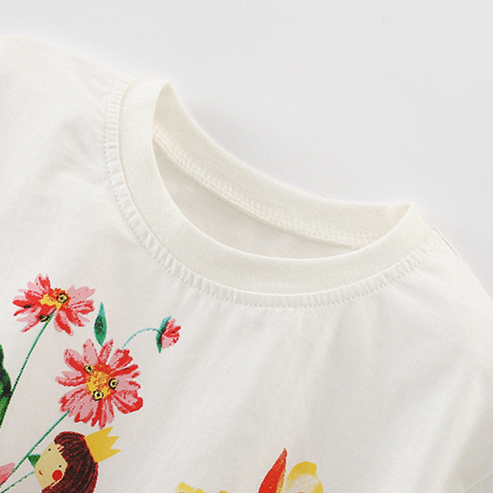 MyKids-USA® Girls’ Flowers and Cartoon Pattern Short Sleeves T-shirt in European and American Style