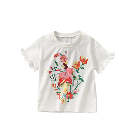 MyKids-USA® Girls’ Flowers and Cartoon Pattern Short Sleeves T-shirt in European and American Style
