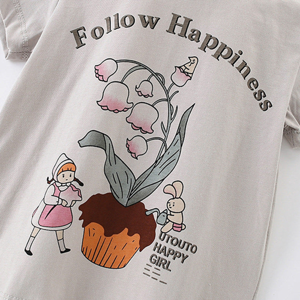 MyKids-USA® Girls’ Flowers and Cartoon Pattern Short Sleeves T-shirt in European and American Style