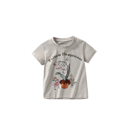 MyKids-USA® Girls’ Flowers and Cartoon Pattern Short Sleeves T-shirt in European and American Style