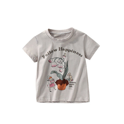 MyKids-USA® Girls’ Flowers and Cartoon Pattern Short Sleeves T-shirt in European and American Style