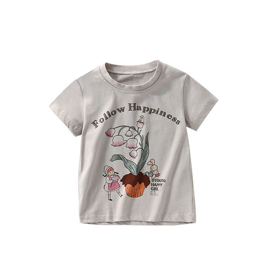 MyKids-USA® Girls’ Flowers and Cartoon Pattern Short Sleeves T-shirt in European and American Style