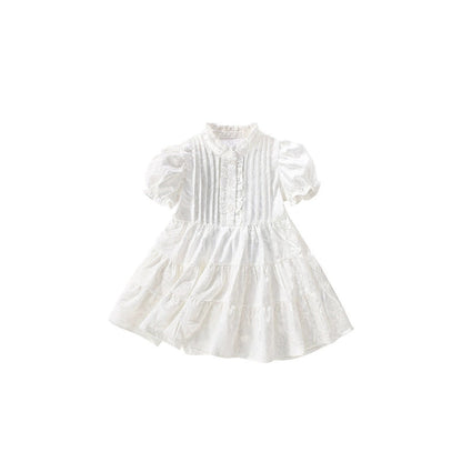 MyKids-USA® Solid Color Flowers Pattern Short Sleeves Dress with Ruffle Neck for Stylish Girls