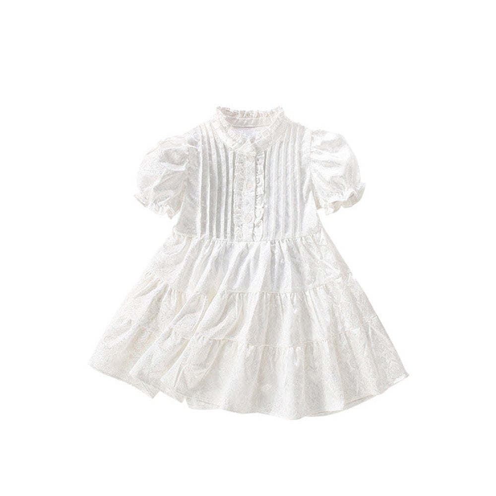 MyKids-USA® Solid Color Flowers Pattern Short Sleeves Dress with Ruffle Neck for Stylish Girls