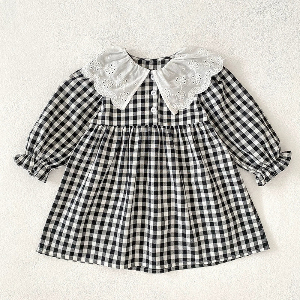 MyKids-USA® Baby Girls French-style Flowers Pattern Collar Long Sleeves Plaid bodysuit and Dress – Princess Sister Matching Set