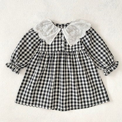 MyKids-USA® Baby Girls French-style Flowers Pattern Collar Long Sleeves Plaid bodysuit and Dress – Princess Sister Matching Set