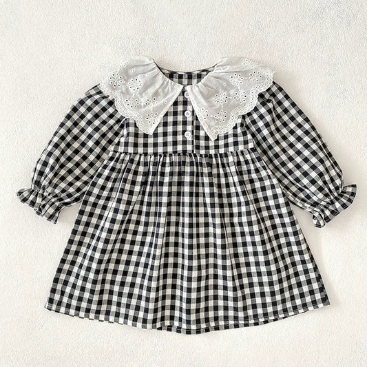 MyKids-USA® Baby Girls French-style Flowers Pattern Collar Long Sleeves Plaid bodysuit or Dress – Princess Sister Matching