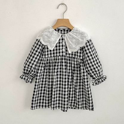 MyKids-USA® Baby Girls French-style Flowers Pattern Collar Long Sleeves Plaid bodysuit and Dress – Princess Sister Matching Set