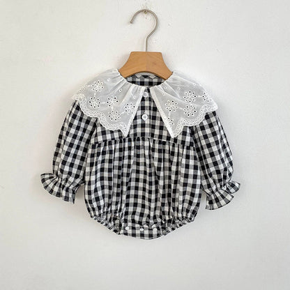 MyKids-USA® Baby Girls French-style Flowers Pattern Collar Long Sleeves Plaid bodysuit and Dress – Princess Sister Matching Set