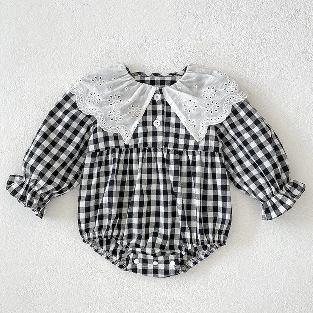 MyKids-USA® Baby Girls French-style Flowers Pattern Collar Long Sleeves Plaid bodysuit and Dress – Princess Sister Matching Set