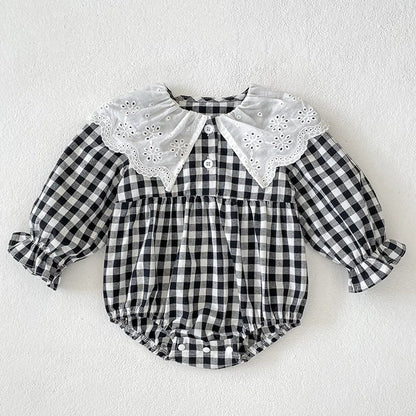 MyKids-USA® Baby Girls French-style Flowers Pattern Collar Long Sleeves Plaid bodysuit and Dress – Princess Sister Matching Set