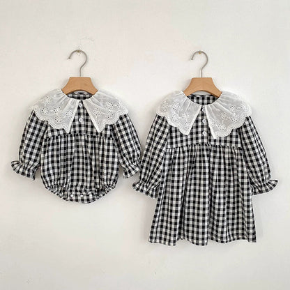 MyKids-USA® Baby Girls French-style Flowers Pattern Collar Long Sleeves Plaid bodysuit and Dress – Princess Sister Matching Set
