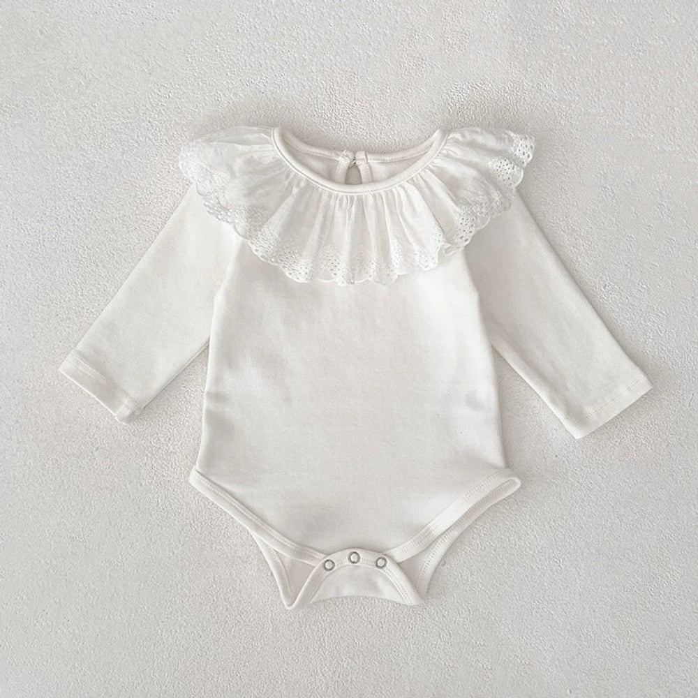 MyKids-USA® Baby Girls Long Sleeves Solid Color White bodysuit with Hollow-out Collar