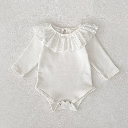 MyKids-USA® Baby Girls Long Sleeves Solid Color White bodysuit with Hollow-out Collar
