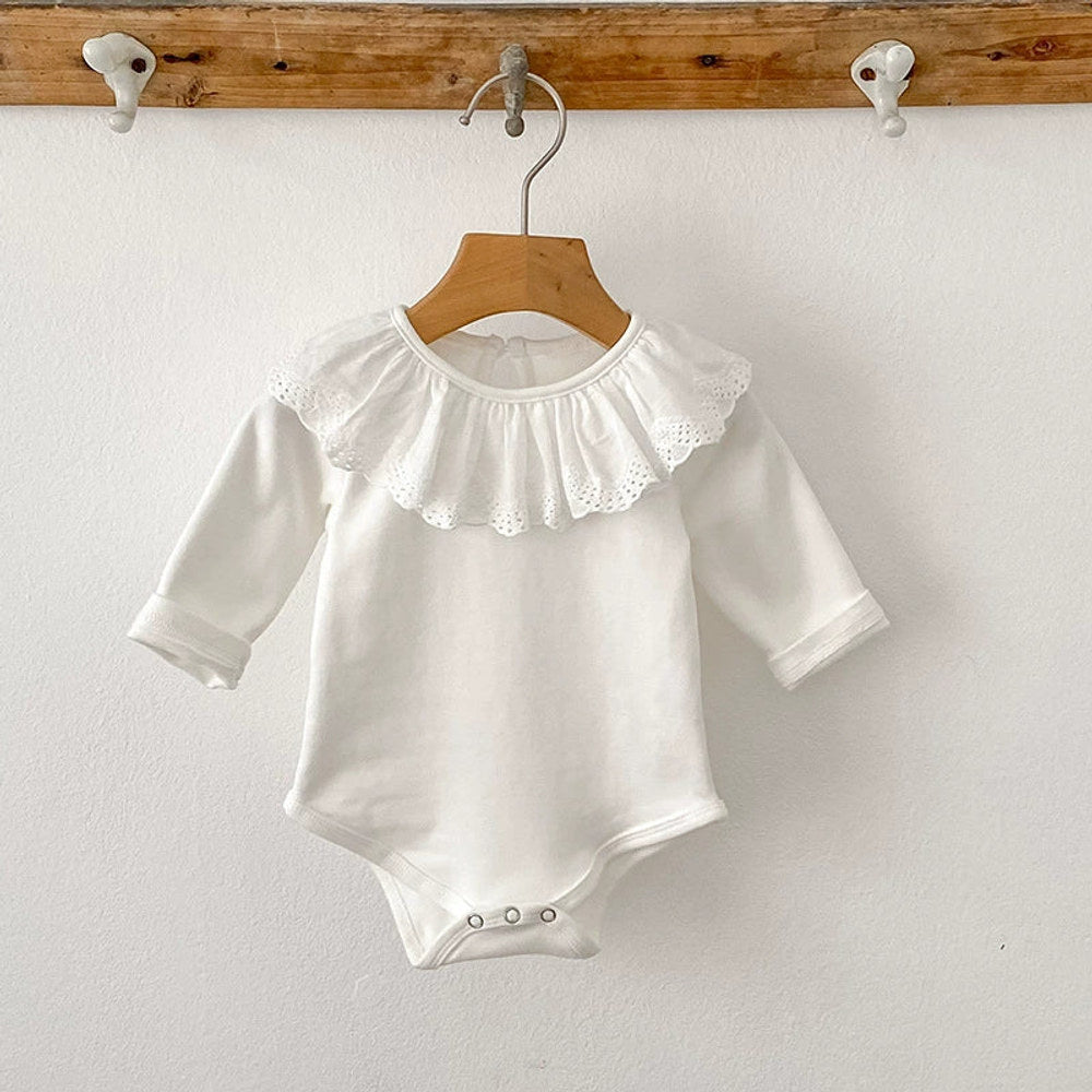 MyKids-USA® Baby Girls Long Sleeves Solid Color White bodysuit with Hollow-out Collar