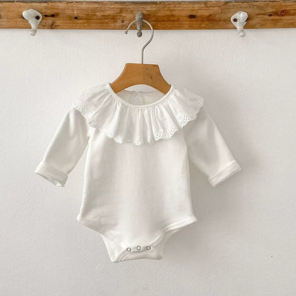 MyKids-USA® Baby Girls Long Sleeves Solid Color White bodysuit with Hollow-out Collar