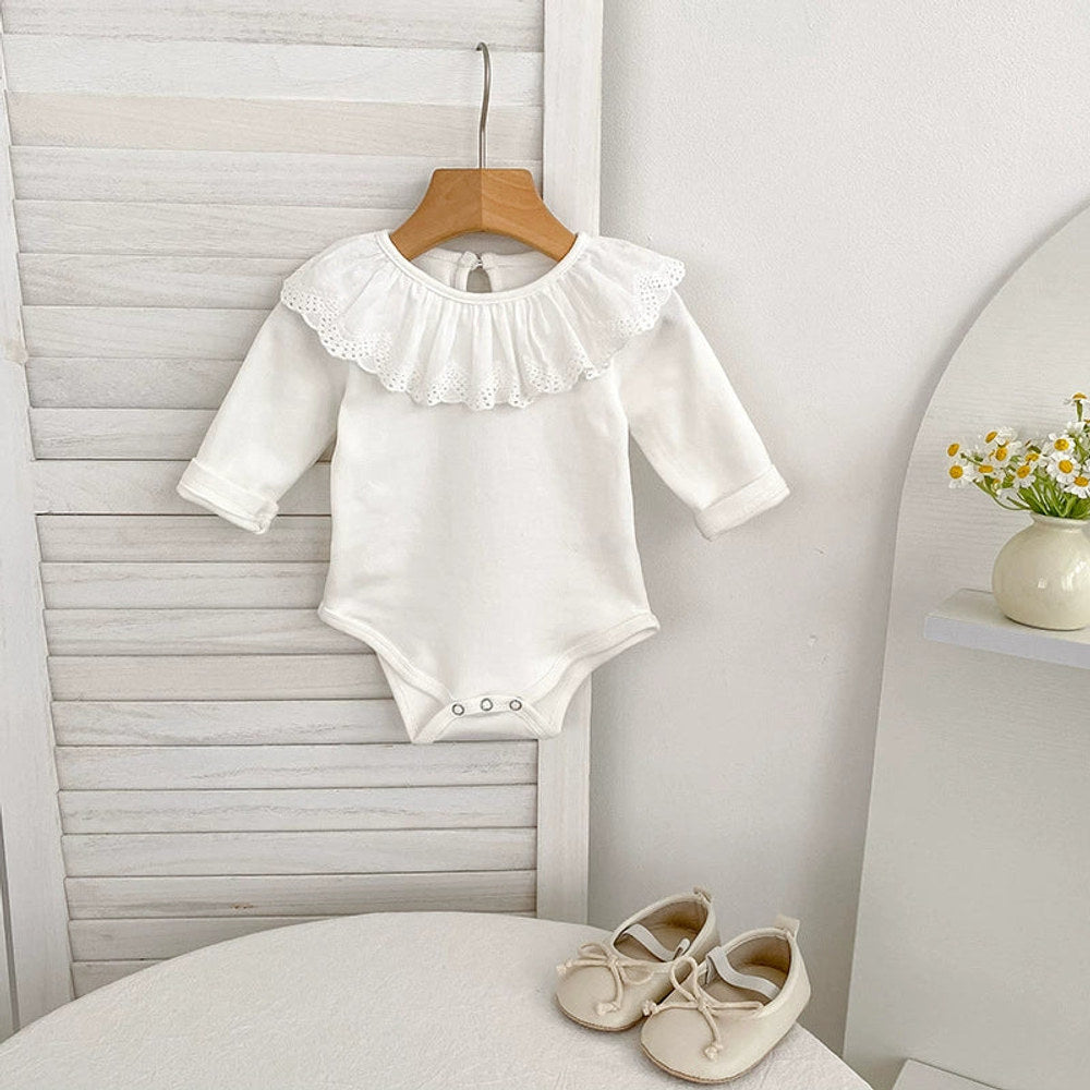 MyKids-USA® Baby Girls Long Sleeves Solid Color White bodysuit with Hollow-out Collar