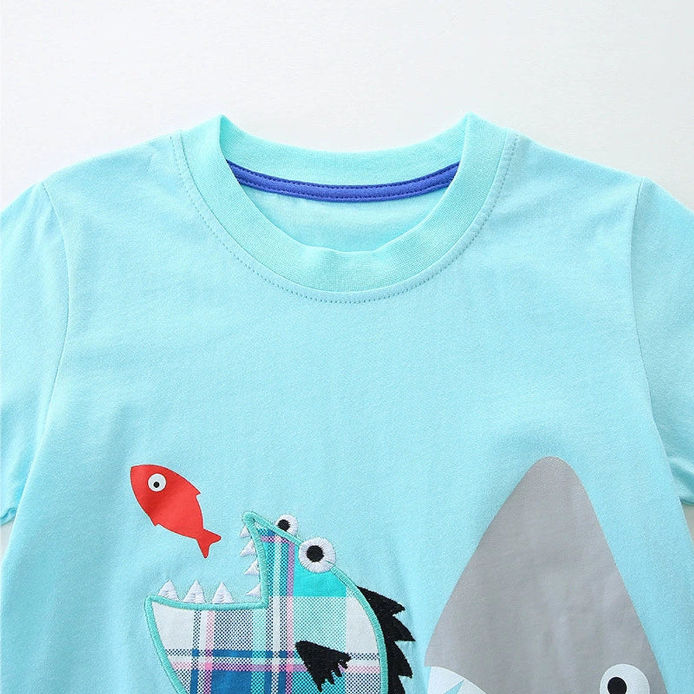 MyKids-USA® Baby Kids Cartoon Marine Animals Pattern T-shirt and Plaid Shorts Casual Clothing Set for Boys