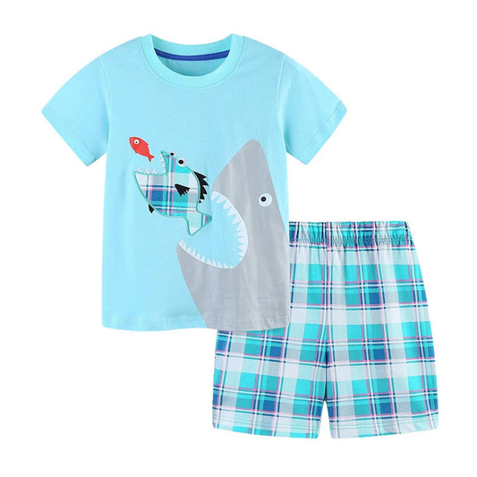MyKids-USA® Baby Kids Cartoon Marine Animals Pattern T-shirt and Plaid Shorts Casual Clothing Set for Boys