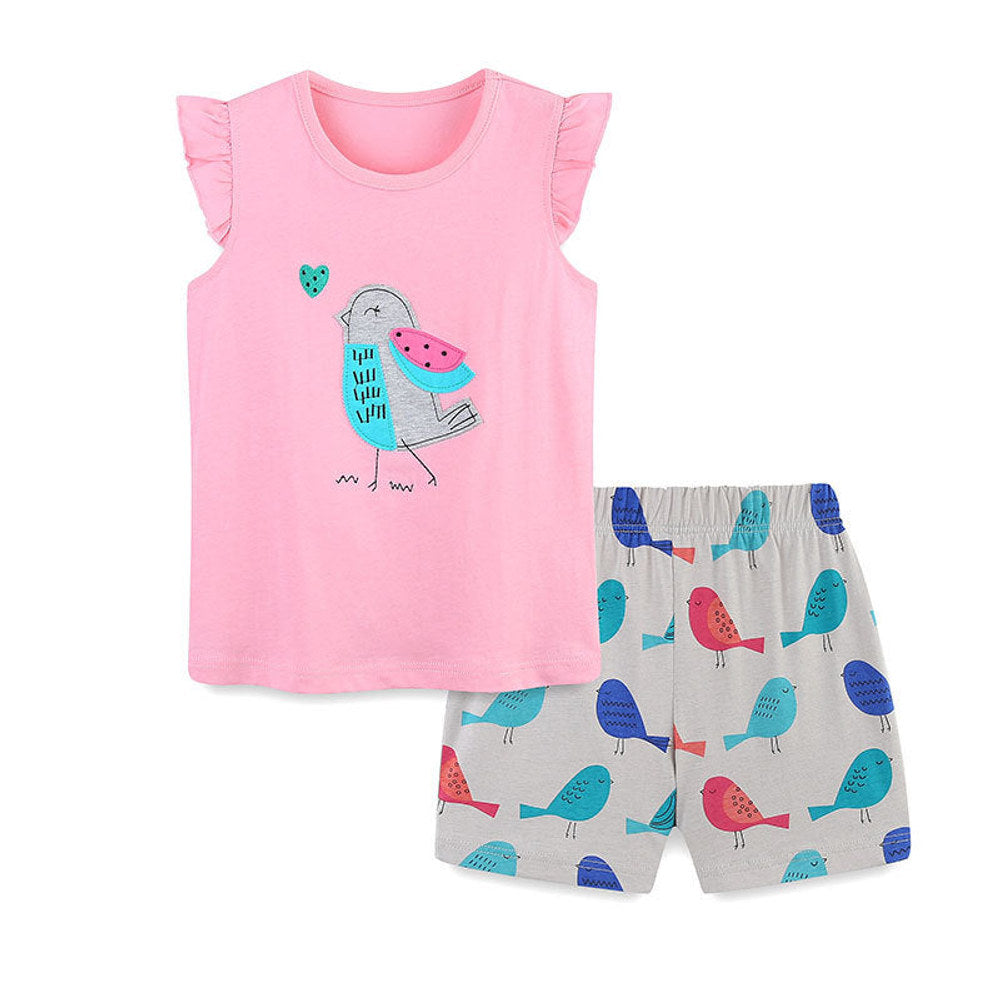 MyKids-USA® Baby Kids Cute Birds Cartoon Pattern Vest and Shorts Clothing Set for Girls