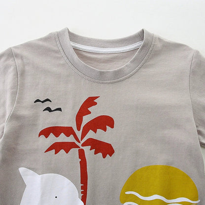 MyKids-USA® Boys’ Sunset and Dolphin Cartoon Pattern T-shirt in European and American Style