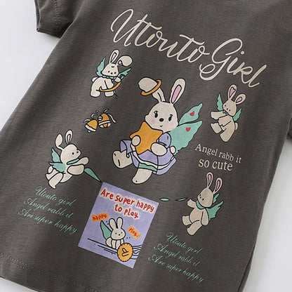 MyKids-USA® Girls’ Rabbits Cartoon and Letters Pattern Short Sleeves T-shirt in European and American Style