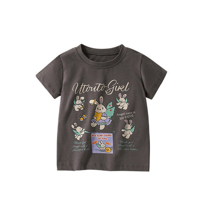MyKids-USA® Girls’ Rabbits Cartoon and Letters Pattern Short Sleeves T-shirt in European and American Style