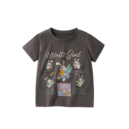 MyKids-USA® Girls’ Rabbits Cartoon and Letters Pattern Short Sleeves T-shirt in European and American Style