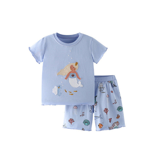 MyKids-USA® Baby Kids Mermaid and Marine Animals Pattern T-shirt and Shorts Clothing Set for Girls