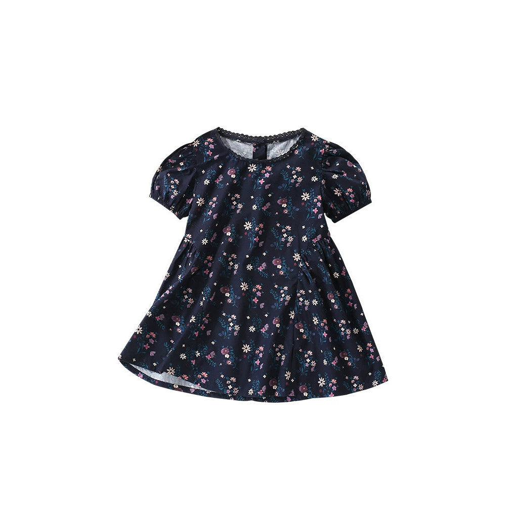 MyKids-USA® Floral Pattern Short Sleeves Dress with Lace Trim Neck for Stylish Girls