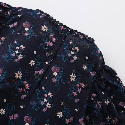 MyKids-USA® Floral Pattern Short Sleeves Dress with Lace Trim Neck for Stylish Girls